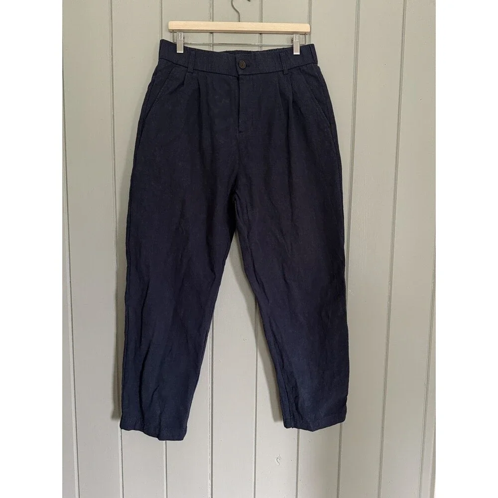 Red Tornado American Retro Work Pants 34 Blue Ramie Cotton Elastic Waist Pleated